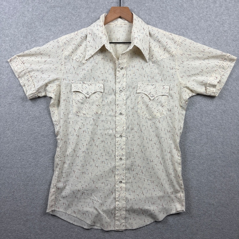 Vintage 70s Western Shirt Mens Large Cream Print Dagger Collar Cowboy Pearl Snap
